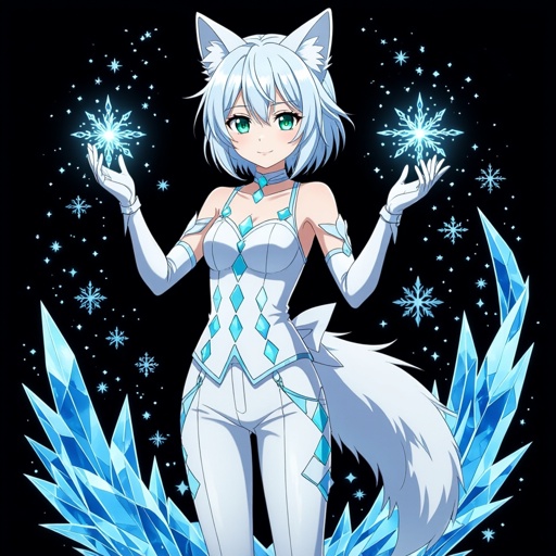 (Genshin Impact based) A pale teenage girl. Aqua green eyes wearing a white top and trousers with light blue diamonds. Short white hair with a singular snow fox tail and two ears. Wears long gloves and boots conducting ice with a black background