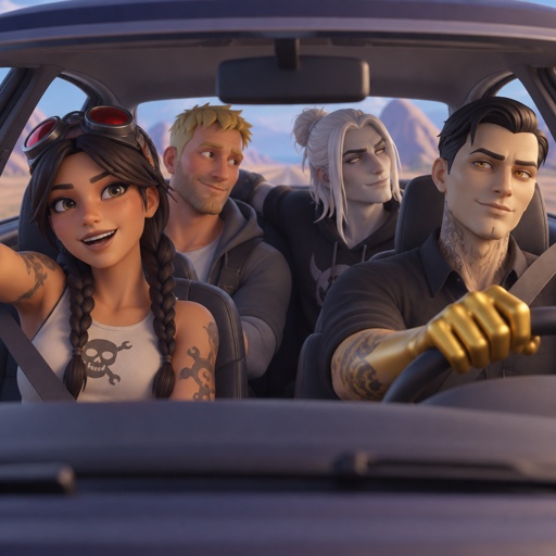 Jules from Fortnite, Jones from Fortnite stubble , Kado Thorne from Fortnite pale skin white hair shoulder length back hair bun, Midas from Fortnite, all driving in a car, all wearing casual clothes 