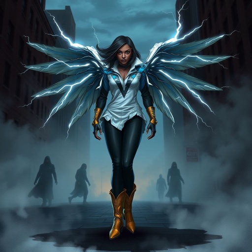 African American female superhero with shoulder length hair in a side part style and wings made of white lightning wearing a slightly homemade  white blue and black suit with black pants with a stylized V as her chest emblem wearing blue flat boots made of gold standing in Philadelphia at dusk