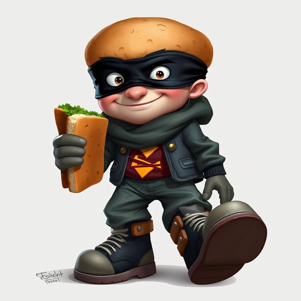 Create a funny looking clumsy sandwhich thief with funny shoes on. Make him have on the bandit black thing around his eyes