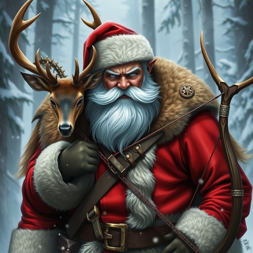 Bad ass Santa clause with a stag on his shoulders and a bow in his hands