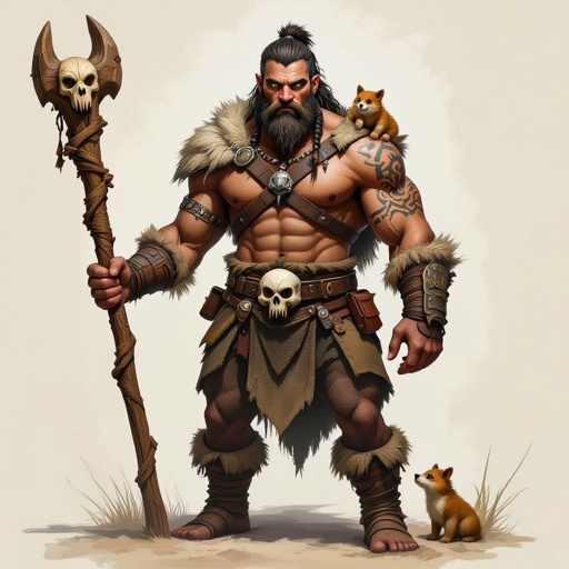 Kael the Beastbound – A rugged, broad-shouldered man with tanned skin and a rough beard, wearing armor made from bone and leather. deep green eyes tattoos of animal tracks spiral down his arms. He carries a massive wooden staff carved with the shapes of beasts, and small creatures often perch on his shoulders or follow at his feet.