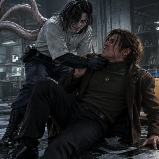 Male, black messy greasy hair, thin shoulder length hair in the back, long hair in the front covering one eye, blue eyes, eye bags, veins under eyes, pale tendrils coming out of back with veins, blue pants, boots, black rubber gloves, short scientist jacket buttoned up, belt with pouch, evil smile, Male, brushed back slightly messy brown hair, two hair strands in face, brown eyes, brown nice jacket, green turtleneck, gold necklace, black pants, nice shoes, fighting the other