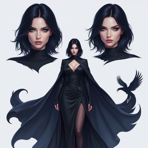Show character head to toe. Create hero woman jet-black hair is cut sharpand her eyes seem to pierce through darkness. A shadowy aura clings to her form,