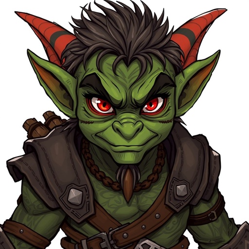 Goblin. Short. Muscular. Red eyes.