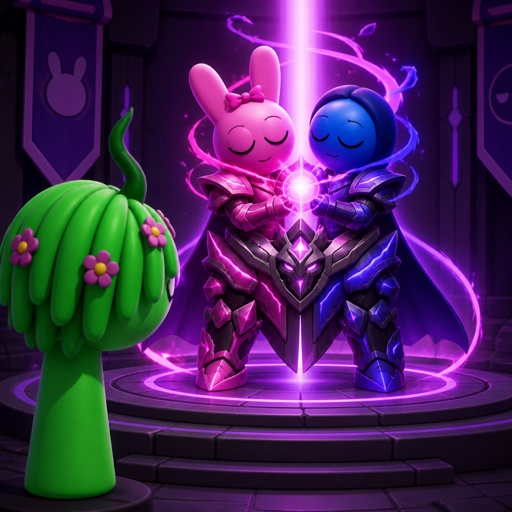 Vineria from Sprunki watching Pinki from Sprunki as Elita One merged with Jevin from Sprunki upgrading the twos shared armour to be more powerful and more durable 