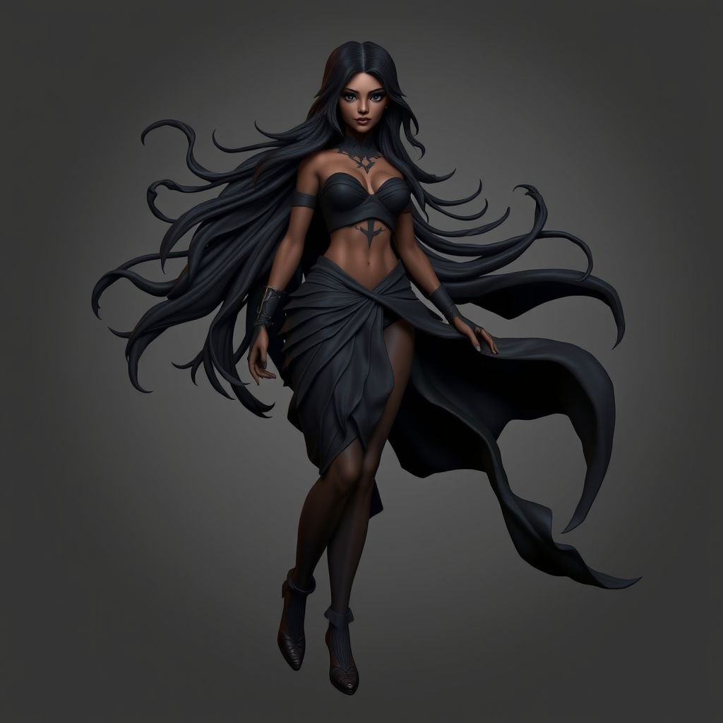 Create character hero Veyra of Shadows – A lithe, mysterious brown complexion woman draped in layered black silks that move like smoke around her. With jet-black hair. Show her whole body head to toe including her shoes.