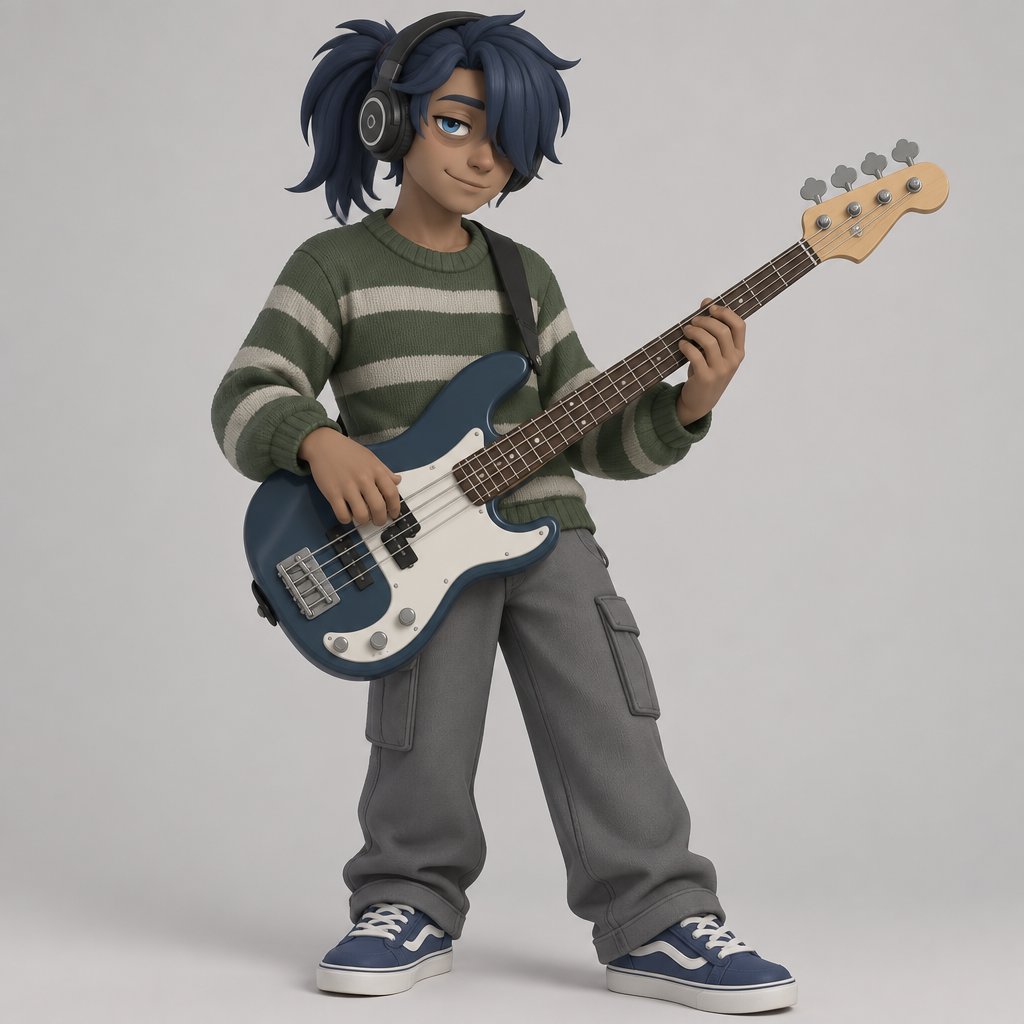 male dark blue ponytail, hair cover one eye, tan, eye bags, blue eyes, headphones, green striped sweater, grey pants, blue sneakers, playing bass, smiling