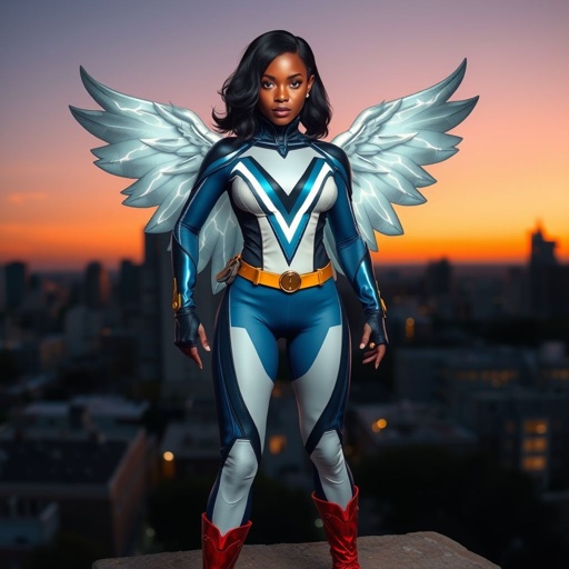 African American female superhero with shoulder length hair in a side part style and wings made of white lightning wearing a slightly homemade white blue and black suit with black pants with a stylized V as her chest emblem wearing red flat boots made of gold standing in Philadelphia at dusk