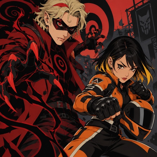 Male, blonde greased brushed back hair, neck length hair, curl on forehead, red streak in hair, scar on lip, red and black spiral eyes no whites, slim, superhero with chaos powers, cool outfit red, pointy ears, pointy fingers with red tips, red veins, mask, Asian female with straight black neck length hair, yellow tips, side bangs on one side, eyebrow piercing, under eye mascara, ear piercing, motorcycle clothes orange, gloves, motorcycle helmet, both in fighting pose