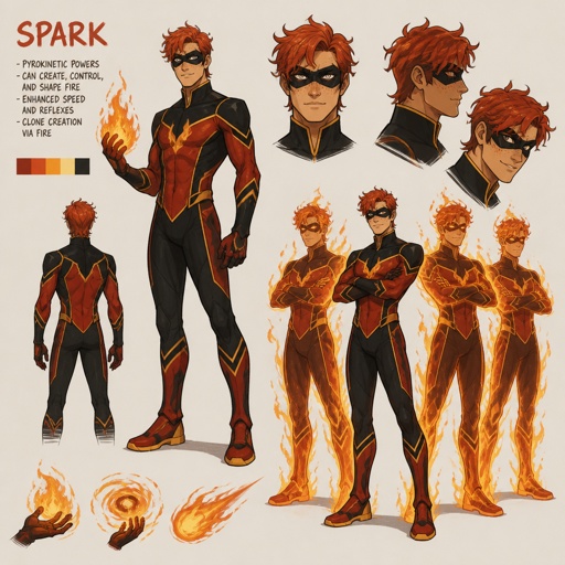 Male superhero with fire powers, mask, freckles,multiple of the same character 