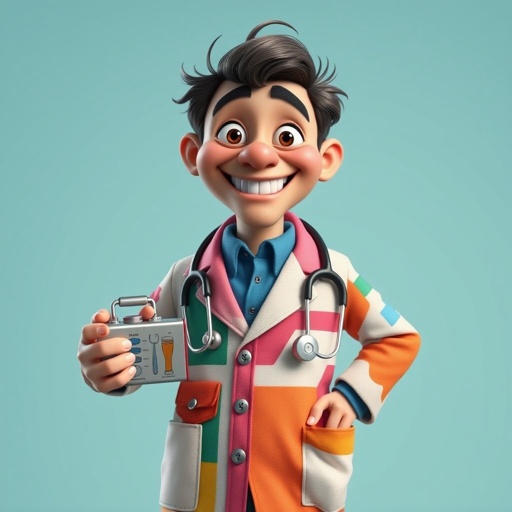 create a doctor. Who is funny human looking from head to toe. And he always immediately results to surgery for anything even small things. So please be sure to show his whole outfit head to toe. Make him have only 1 tooth