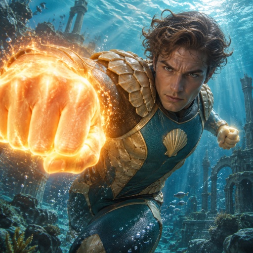 His name is Pistol, a pistol shrimp turned into a human superhero, a shell outfit, colorful design, show him punching and his fist is lighted up like the sun. Background is the under water 