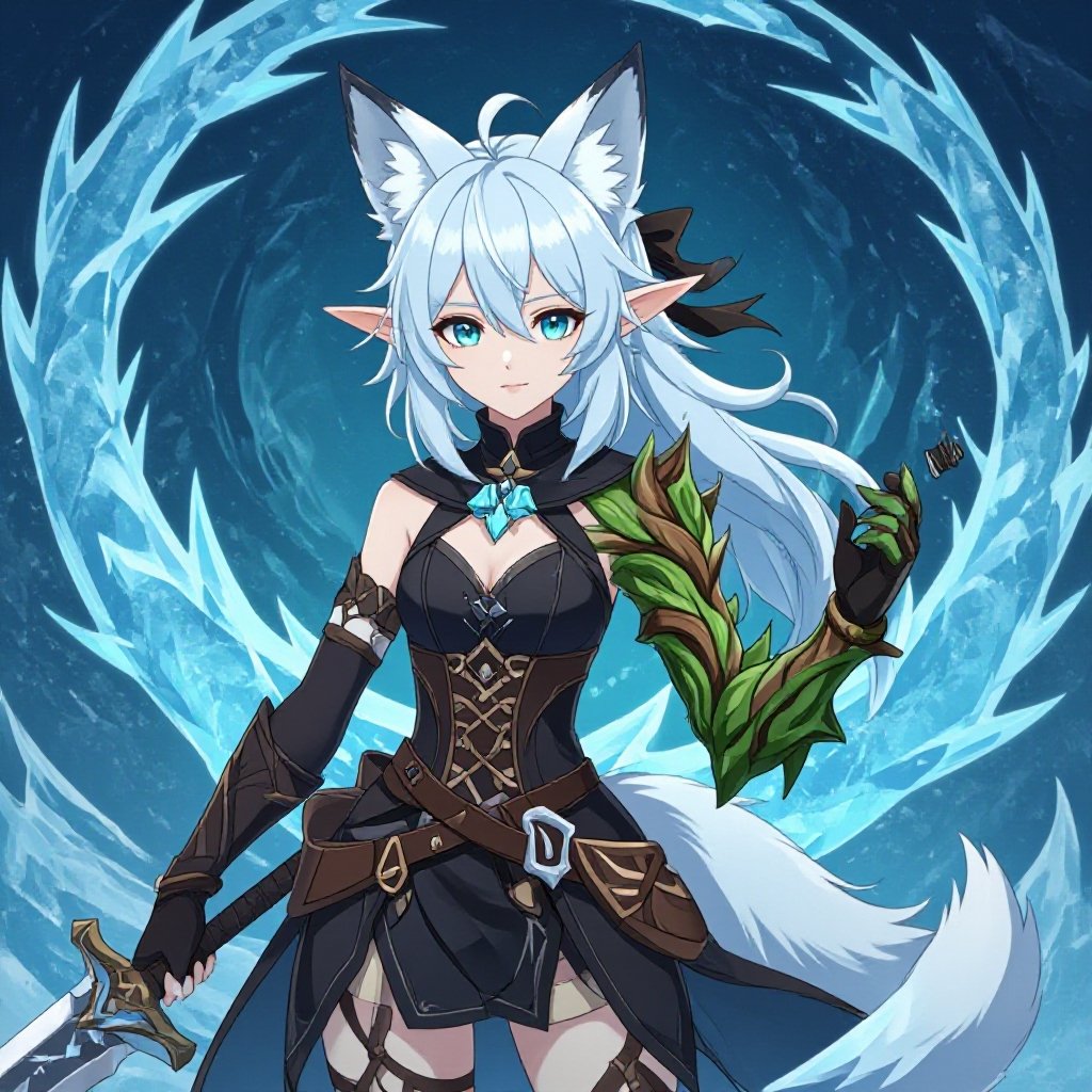 (In the style of an anime game called Genshin Impact) A pale teenage girl wearing black, has medium white hair, has large fox ears and a fluffy tail and a dark green and brown ancient right arm with a black glove on her left arm holding a sword of ice with a black-ish background with ice swirling around her