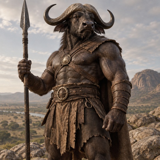 A Cape buffalo turned into a muscular warrior 