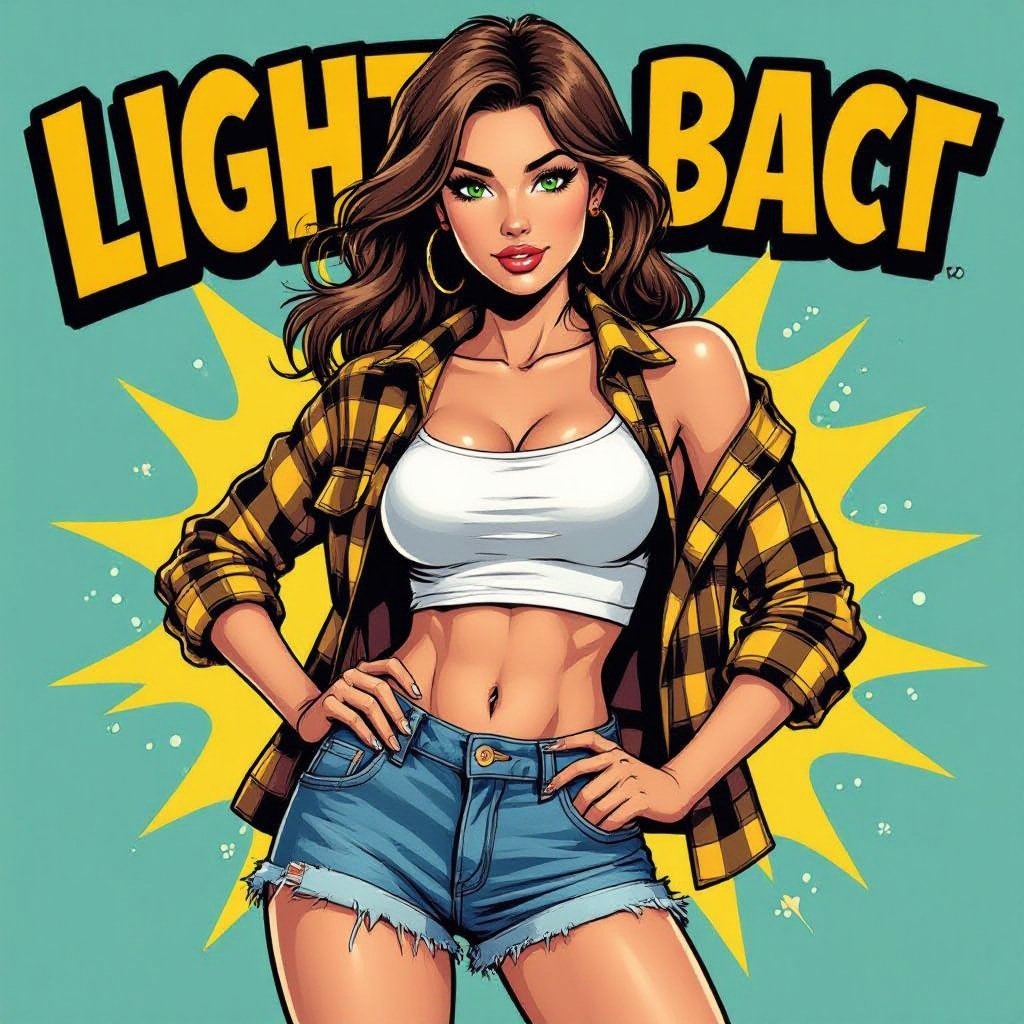 Light brown hair babe in denim miniskirt overalls and white tube top. Green eyes Yellow unbuttoned flannel 