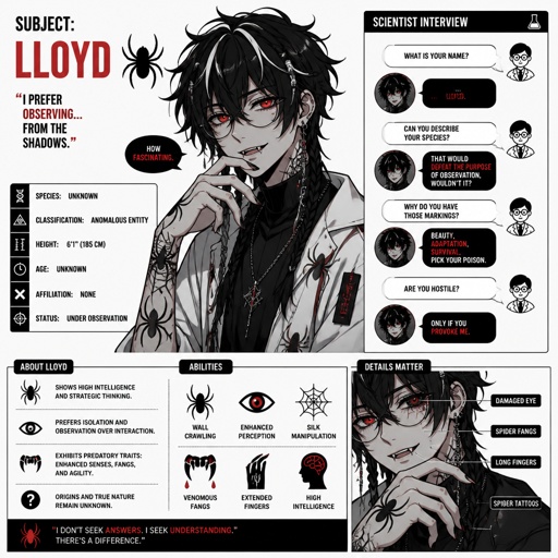 Anime white and Asian male,name is Lloyd,hair messy long braided black hair with white stripes,clean shaven,highly skilled,in late 20s,migraines,sarcastic,red glowing eyes,one eye is severely damaged,serious face,been unwillingly experiment on for many years until finally found and rescued ,has power of a spider and control spiders make traps poison and crawl on walls and ceiling dangerous,glasses,wears a loose jacket a nice fully covered shirt ,loves spiders, nice big earrings,a tattoos on left that means arachnid and on right arm a tattoo that says sub 389,doesn't remember anything from his past except the experiments, long scary fingers, spider fangs, traumatized,special agency is keeping an eye on him. Lloyd and a scientist having a conversation, scientist “do you know where you originally lived or any relatives” Lloyd “no… but why does that matter know? Who cares I don’t,there’s no point, I wouldn’t be recognized by them anyway”scientist”you don’t care to find out who you are?” Lloyd “no…I don’t” scientist “what else do you remember?” Lloyd staring of in the distance with a small look of fear in his eyes says “only the experiments”as a comic