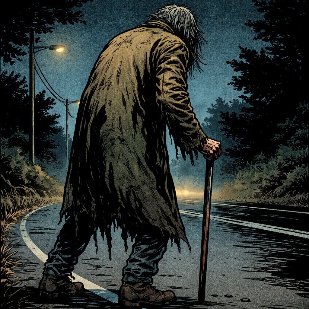 Realistic refined, it is dark Knight, a tall, slim man in a filthy robe stands by the side of the road. He is slightly bent over leaning on a cane in his right hand. We see him 3/4 from the rear we don’t see his face. It is dark night, full body shot.
