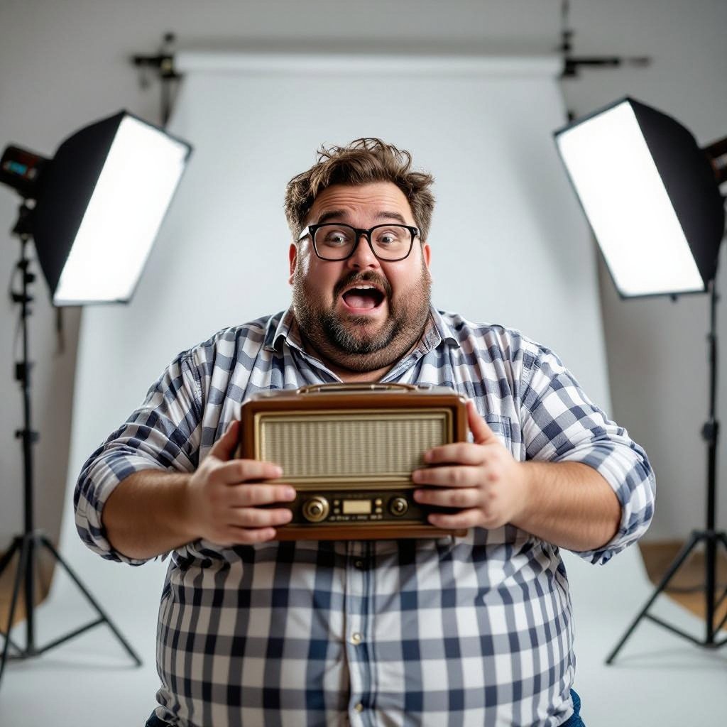 Create a funny fat guy who has a book box radio , make it kinda cartoonish