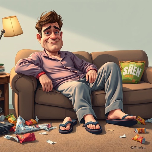 Create mid 30 character who is lazy as heck. And you could tell from his face and his entire outfit. Make is funny and the style of the graphic photographic