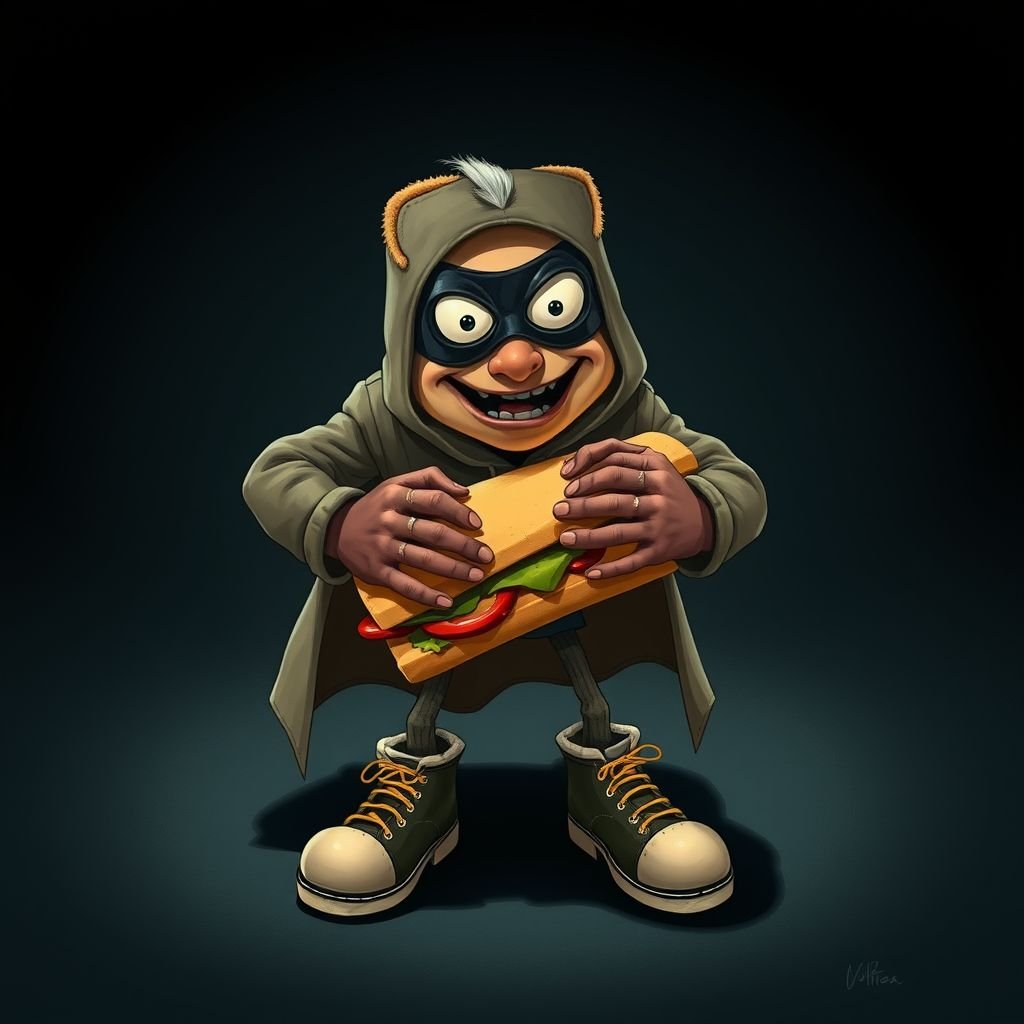 Create a funny looking clumsy sandwhich thief with funny shoes on. Make him have on the bandit black thing around his eyes