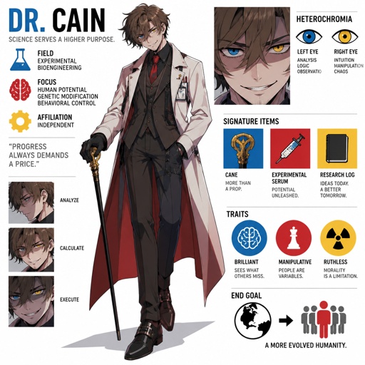 Male,young scientists,lots of bushy messy brown hair part sticking up on the sides is also drooping down in the middle of his forehead linger strands of hair over his ears,  heterochromia eyes,facial shad,evil smirk,has a cane