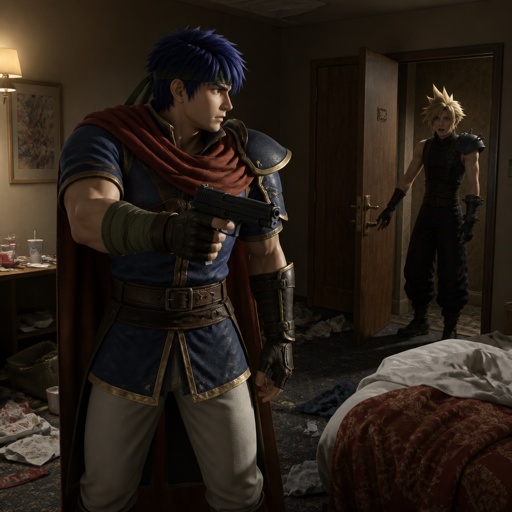 ike from super smash bros in a hotel room holds a gun cloud strife from final fantasy 7 is at the door scared