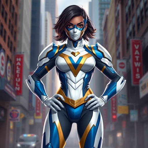 A teenage African American female superhero wearing a domino style mask with slightly curly hair in a shoulder length side part style wearing a slightly armored White and blue suit with gold accents blue pants and a stylized V as her chest emblem a utility belt and blue boot heel less standing in Philadelphia