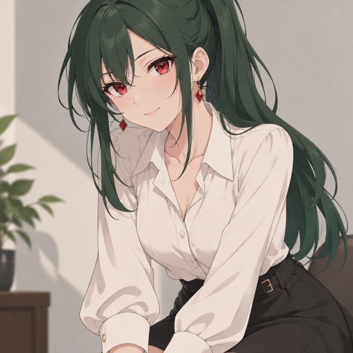 Woman, long pine green hair in ponytail, ruby red eyes, nice blouse and skirt,