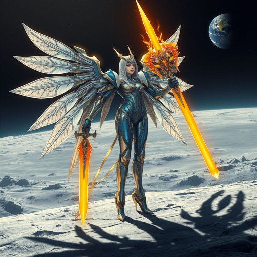 A blue white and gold feminine built mech with a giant flaming sword and metal wings standing on the moon with the earth in the background