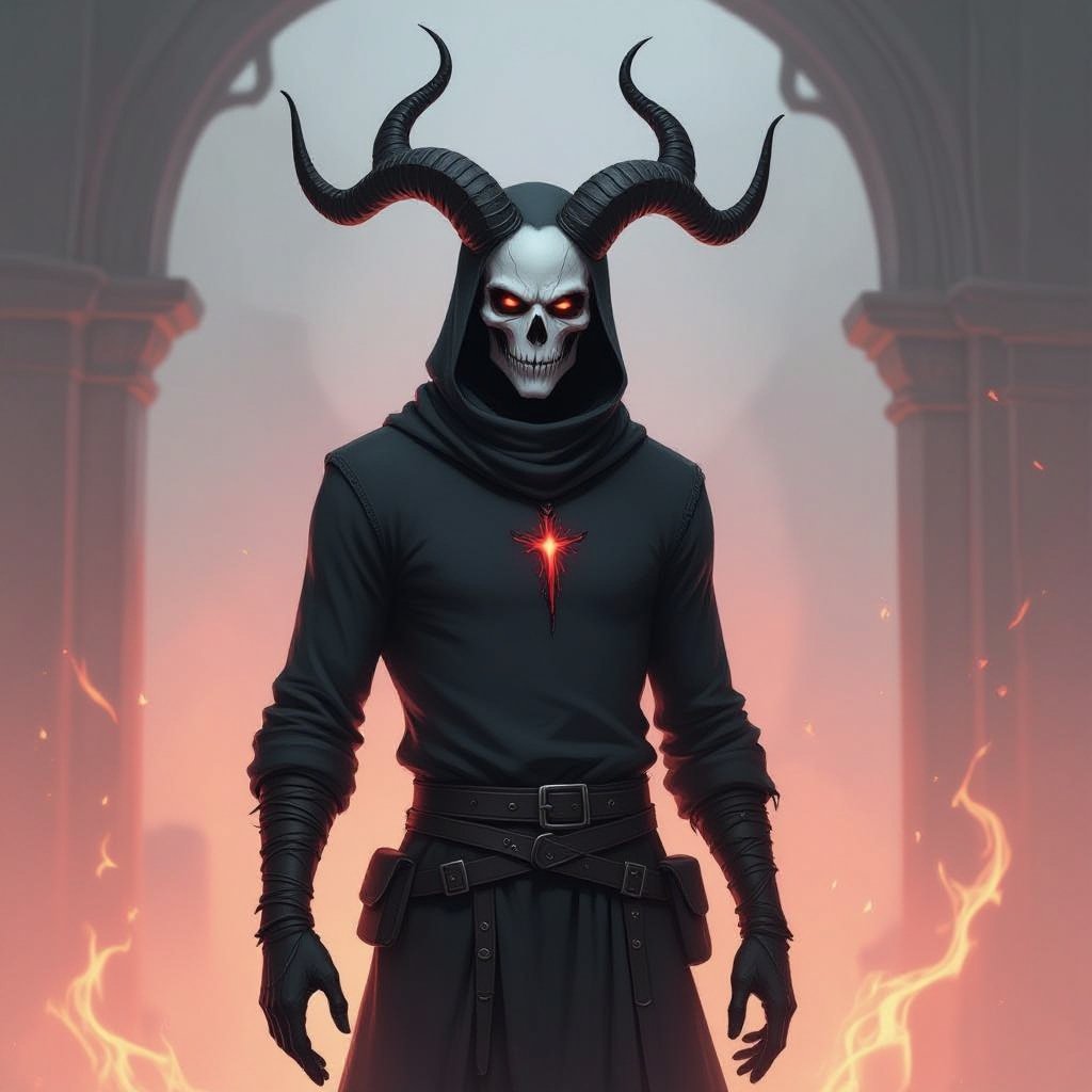 A tall, shadowy figure with a gaunt, skeletal build.his face is strangely angely blank — hollow black eyes and a wide, unsettling not so smile carved into his skull-like head. He usually wears a dark sweater that makes him look more like a silhouette than a person. His hands heave a hole in middle of them, long-fingered His body glows faintly, like a pale-red flame. He doesn’t look solid; his whole form has a dreamlike, spectral shimmer. He also wears a scarf with a skin like color, A traditional hunter’s garb: dark leather armor fitted close to the body, giving a lean, predatory silhouette. Across the shoulders, instead of a full cloak, hangs a half-cape — short, rugged, and tattered at the edges, as if it’s been dragged through battles and storms. Sprouting from his head are two long, curved horns — thin and tapering, arcing outward like antennae crossed with blades. They give him an almost regal or sage-like silhouette, setting him apart from the other warrior spirits.
