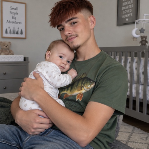 Teen Boy, Red Brown Angular Fringe High Fade Hair, Pencil Mustache, Goatee Beard, Perch Fish Printed Green Shirt, Jeans & Baby Cuddle