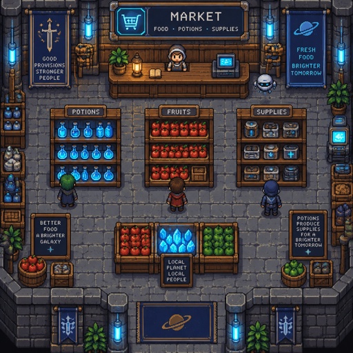 Grocery store for a futuristic fantasy game, top down style