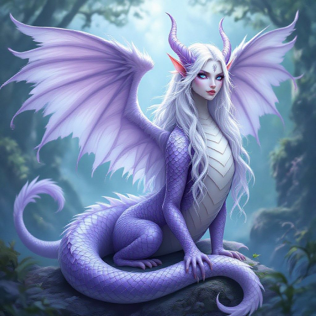Full view Winged naga with long white hair and bright blue eyes her tail is light purple