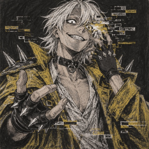 Male, cheekbones, white hair, smooth on top spiky on the bottom, neck length, white eyes, yellow trench coat, metal spike shoulder pads, black choker, low cut white shirt, fingerless gloves with spikes, insane smile, glitch powers, one glitchy eye