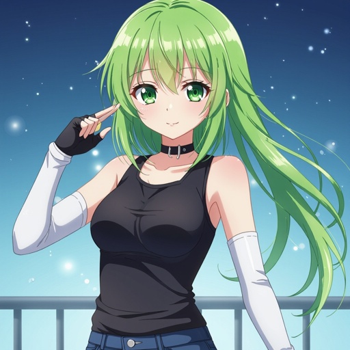 Green hair, blonde bangs, green eyes, black sleeveless top, midnight blue Jeans and white fingerless gloves