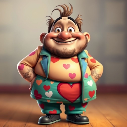 Create a adult character head to toe who is chunky , funny looking but swears he’s a lover boy.