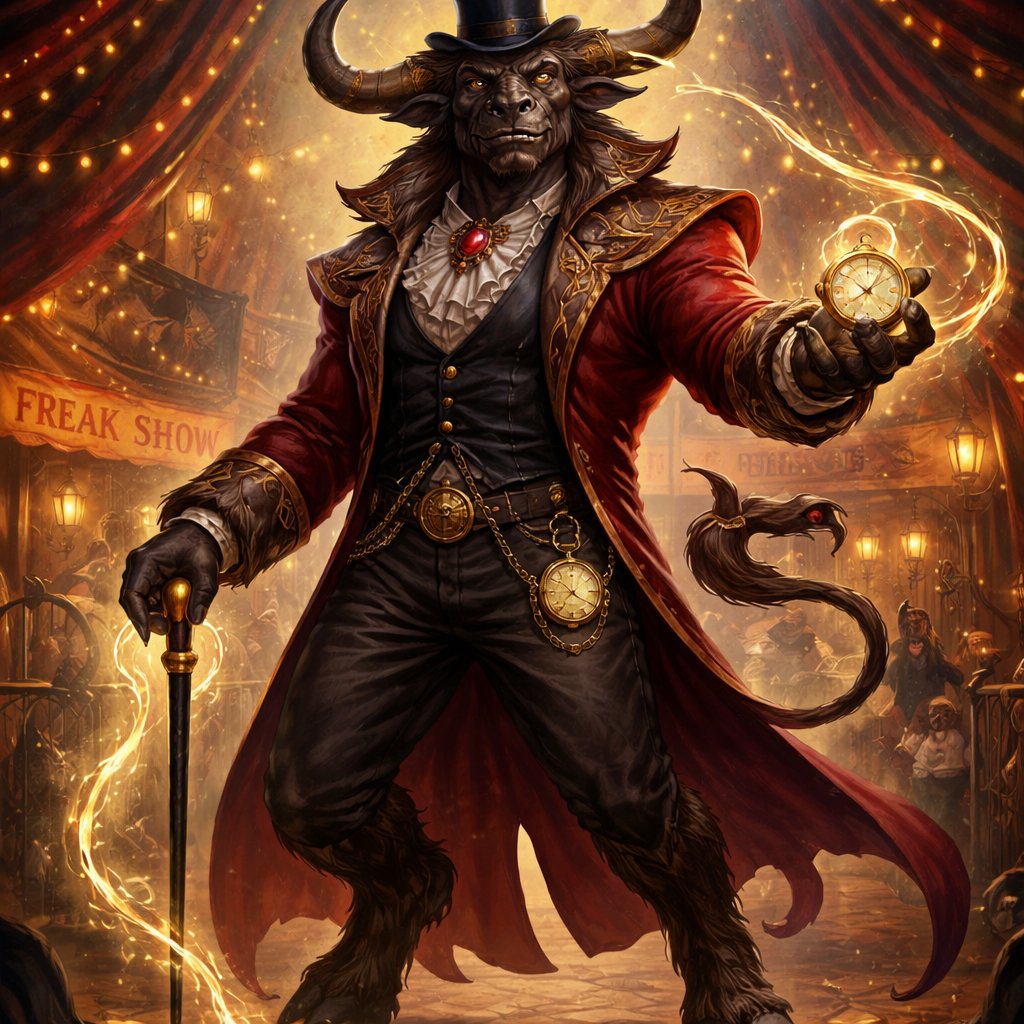 A Gretan bull Minotaur with a well~proportioned figure that works at freak show as ringmaster. That has gifts/abilities like Reality Rejection, Time Manipulation (Chronokineses), Zoolingualism (Language of Cattle only), Human Speech.