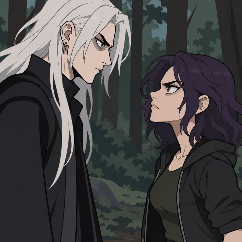 Anime style, male, name kai, highly skilled in fighting all fighting styles and weapons, long long white hair half in face, dark bags, white skin, earrings, history unknown, Female, name is Beth, medium wavy dark purple hair, gray eyes, short, open jacket with a dark green shirt, she is a Bounty Hunter for hire, there fighting in the woods looking at each other Beth with and angry face and Kai with a serious face both are glaring, Beth is a agents,Beth trying to convince Kai to come with her,Kai won’t