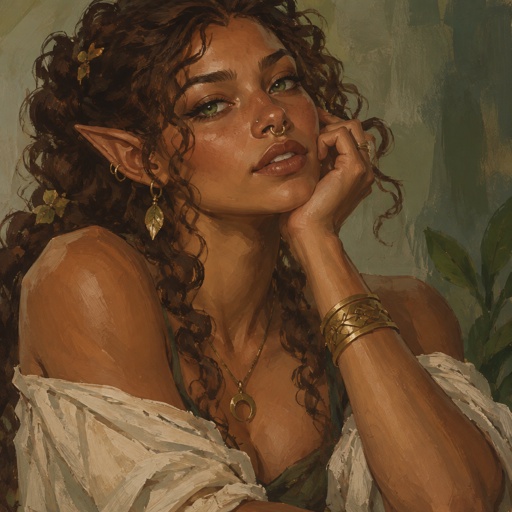 Late twenties fae female with curly brown hair and cinnamon colored skin. Nose piercings, green eyes