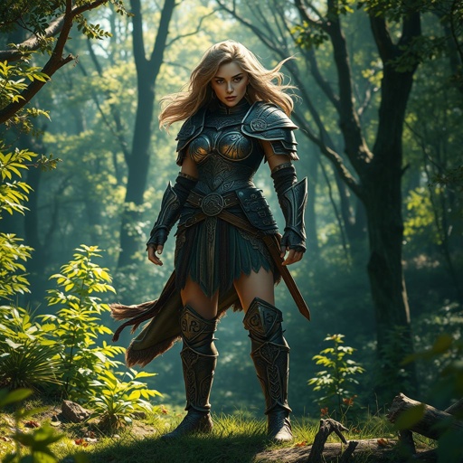 Create a warrior woman , show character shoes too