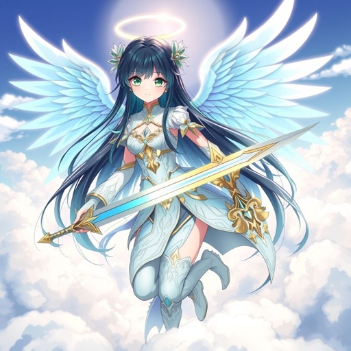 A teenage girl. Pale skin, glowing emerald eyes, angelic wings and a two-piece godlike clothing. Hair as black as coal with cyan tips holding a legendary sword flying above the clouds