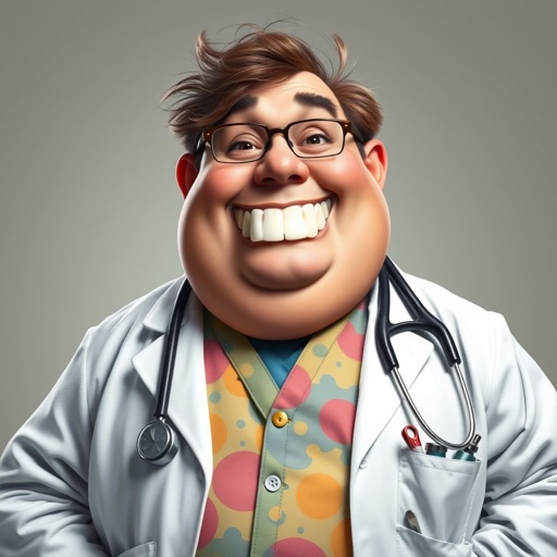 create a fat doctor. Who is funny human looking from head to toe. And he always immediately results to surgery for anything even small things. So please be sure to show his whole outfit head to toe. Make him have 1 tooth. Make it more adult humor instead of cartoon humor.
