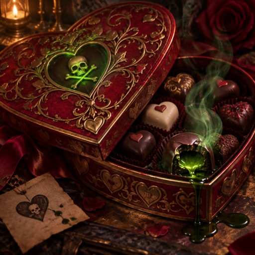 Heart shape valentines candy box with poison symbol hidden on it and a candy with bite out smoking and poison dripping 