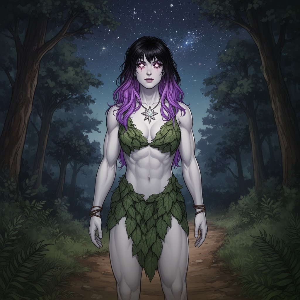 A lady with star like eyes and black hair which fades into purple tips. Wearing leafy clothing with a beautiful star pendant hanging around her neck. She is white around 6’4 and has a somewhat muscular build. She is in a forest with the stars out above her on a trail