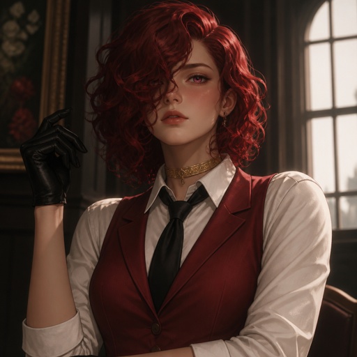 Female , 24, shoulder length red curly hair covering one eye, serious , suit vest red,white shirt,  black tie, pink eyes, gold choker, black gloves, blush