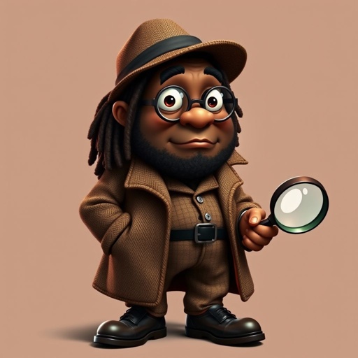Create a funny fat character similar to Sherlock Holmes, but make him of black decent and with dread locks. Show his whole outfit including his shoes.