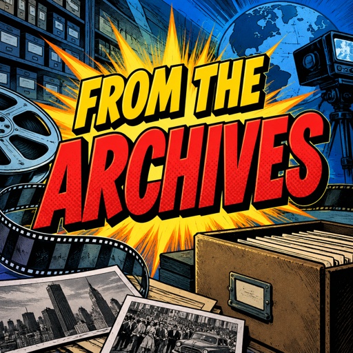 In the style of a contemporary TV promo, no speech bubbles, bright vivid colors a full screen banner, saying FROM THE ARCHIVES