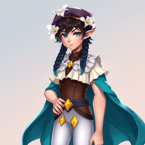 Young slender male dressed as a bard, fair skin, vibrant aqua green eyes, short black-ish hair with two short twin braids that fade into aqua blue tips. Frilly white top with corset-like leather midsection, teal cape. White stockings with three yellow diamonds and a beret-like hat adorned with a white lily