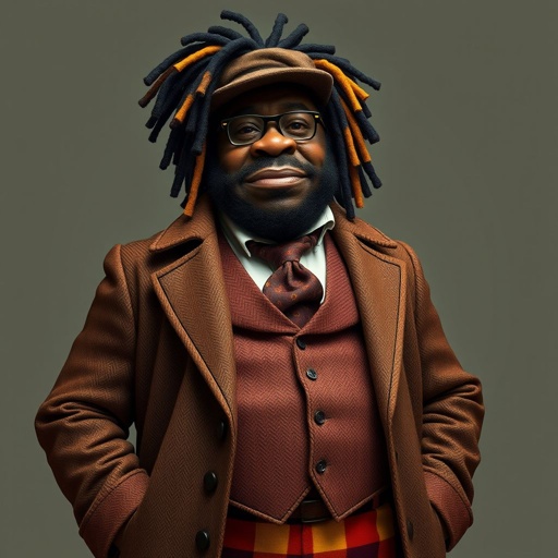 Create a funny serious fat character similar to Sherlock Holmes, but make him of black decent and with dread locks. Show his whole outfit including his shoes.